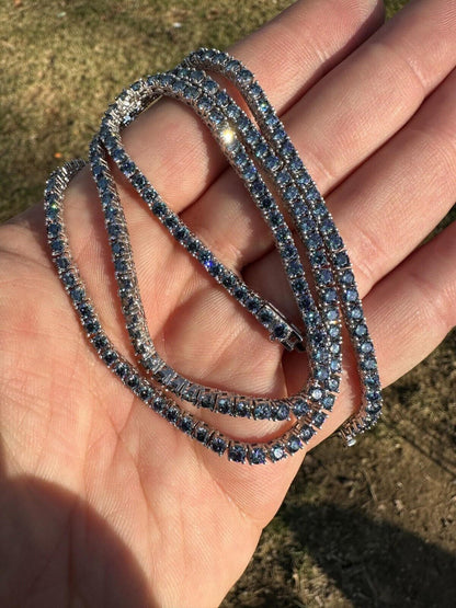 Italiano Silver, Inc. Real Blue MOISSANITE 3mm Tennis Chain 925 Silver Iced Necklace Pass Diamond Test