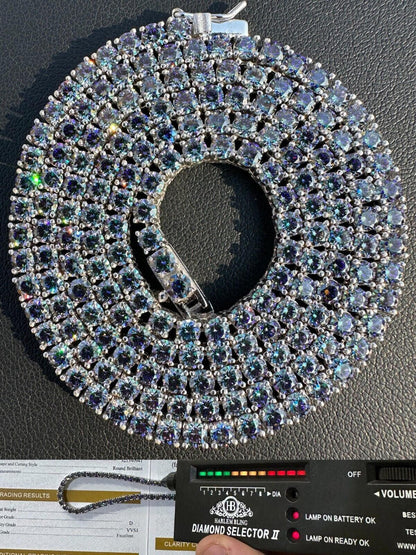 Italiano Silver, Inc. Real Blue MOISSANITE 3mm Tennis Chain 925 Silver Iced Necklace Pass Diamond Test