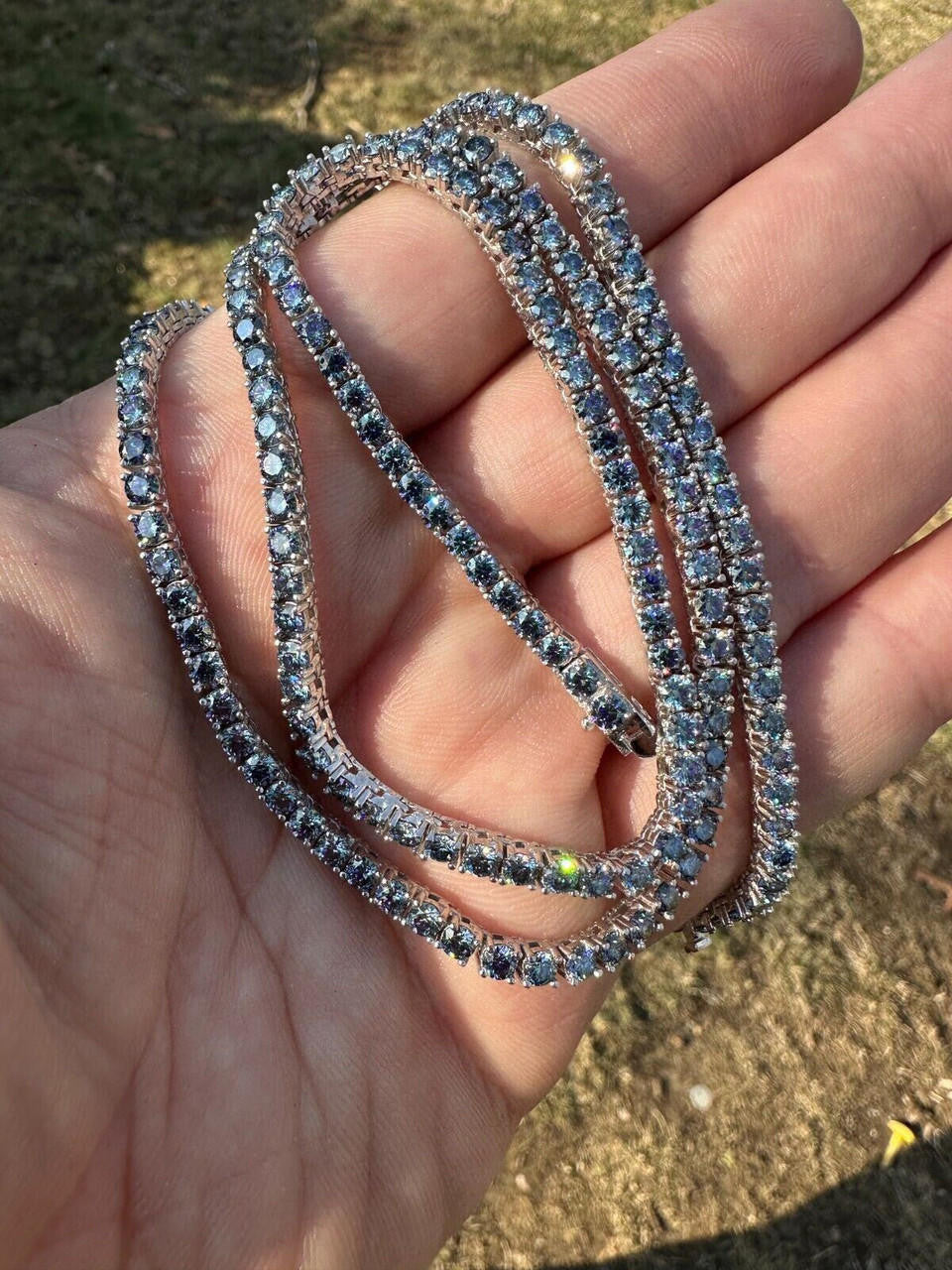 Italiano Silver, Inc. Real Blue MOISSANITE 3mm Tennis Chain 925 Silver Iced Necklace Pass Diamond Test