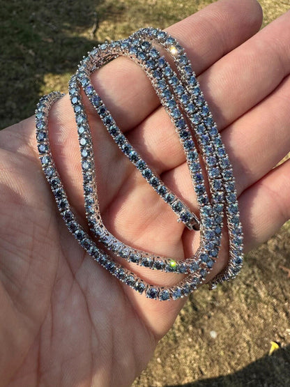 Italiano Silver, Inc. Real Blue MOISSANITE 3mm Tennis Chain 925 Silver Iced Necklace Pass Diamond Test