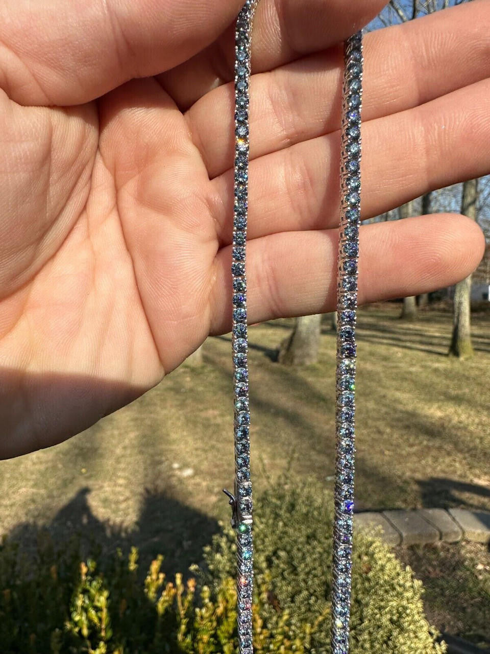 Italiano Silver, Inc. Real Blue MOISSANITE 3mm Tennis Chain 925 Silver Iced Necklace Pass Diamond Test