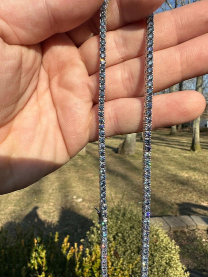 Italiano Silver, Inc. Real Blue MOISSANITE 3mm Tennis Chain 925 Silver Iced Necklace Pass Diamond Test