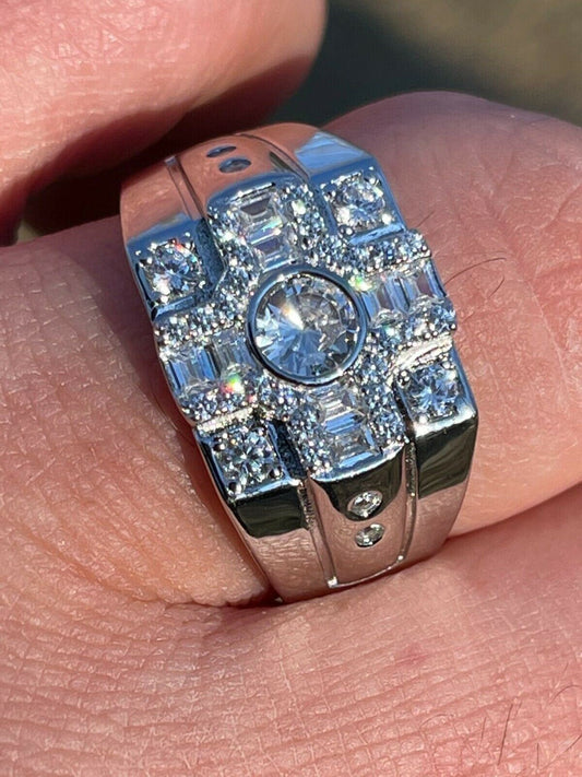 Italiano Silver, Inc Real Genuine 925 Silver Diamond Iced Baguette Mens Pinky Square Hip Hop RING