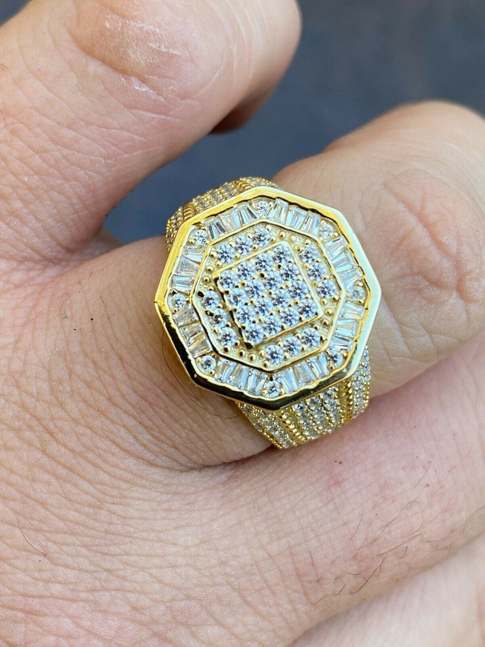 Italiano Silver, Inc REAL Mens 14k Gold Over Solid 925 Silver Hip Hop Iced Flooded Out Diamond Ring