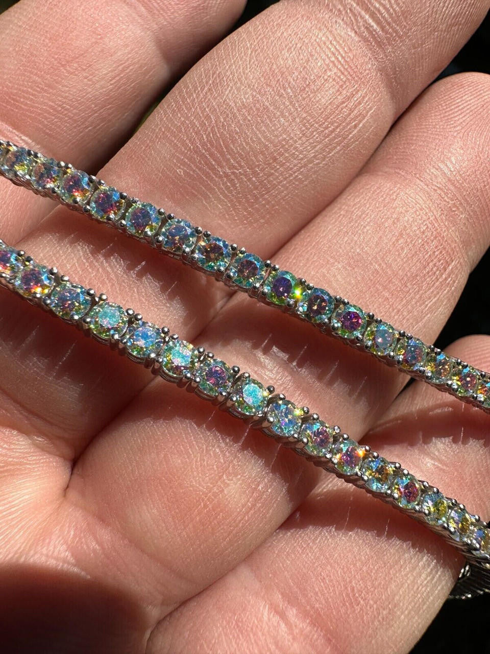 Italiano Silver, Inc. Real Opal Rainbow MOISSANITE 3mm Tennis Chain 925 Silver Iced Necklace Pass Test