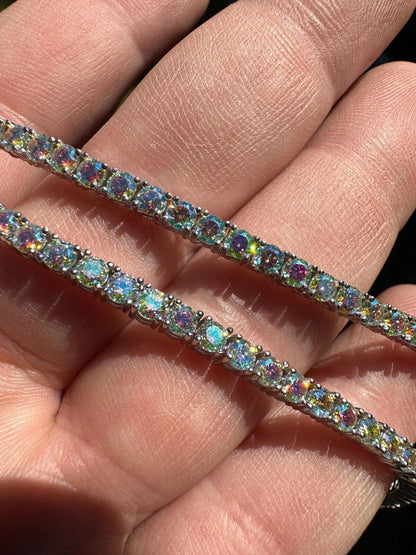 Italiano Silver, Inc. Real Opal Rainbow MOISSANITE 3mm Tennis Chain 925 Silver Iced Necklace Pass Test
