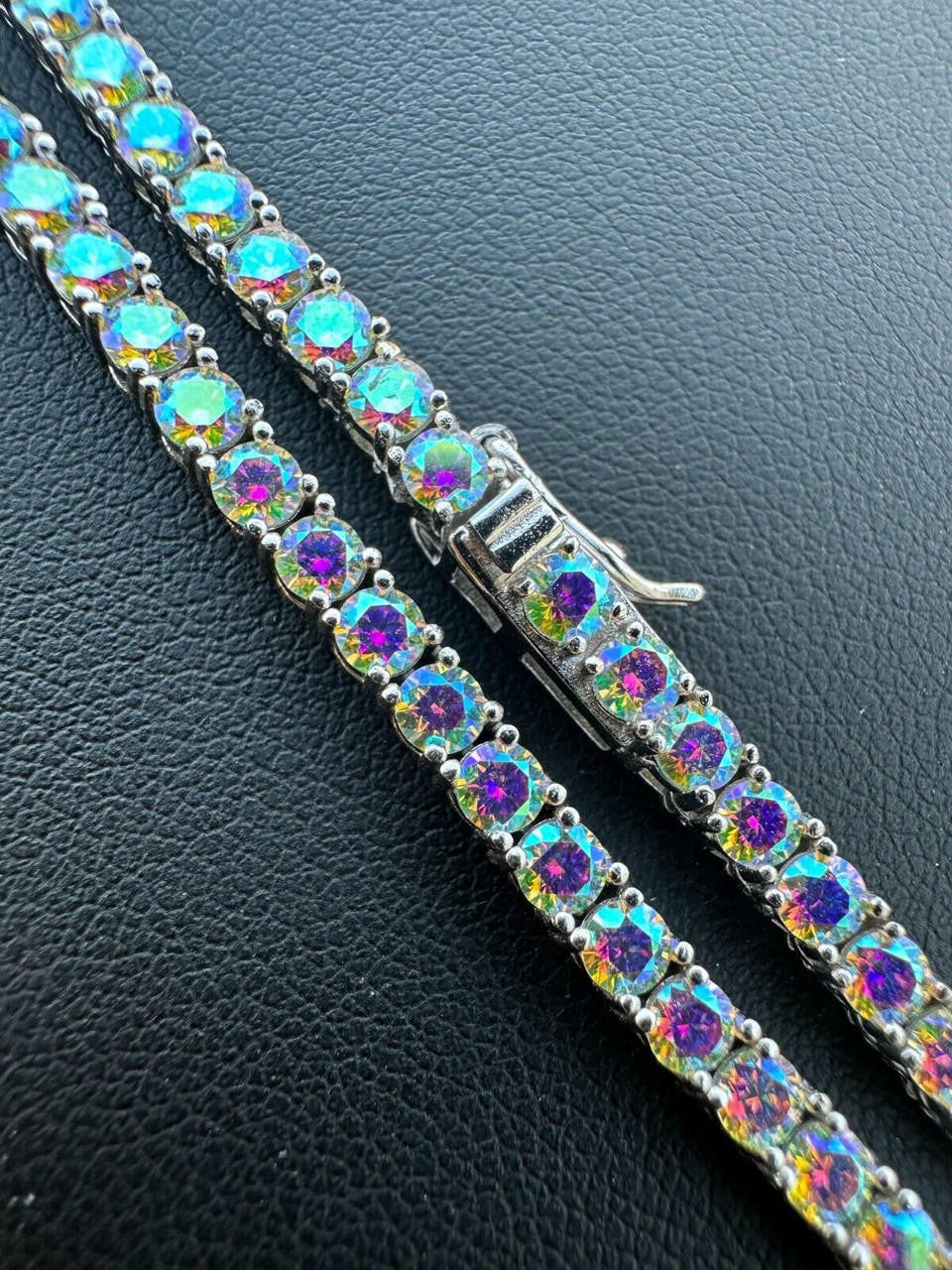 Italiano Silver, Inc. Real Opal Rainbow MOISSANITE 3mm Tennis Chain 925 Silver Iced Necklace Pass Test