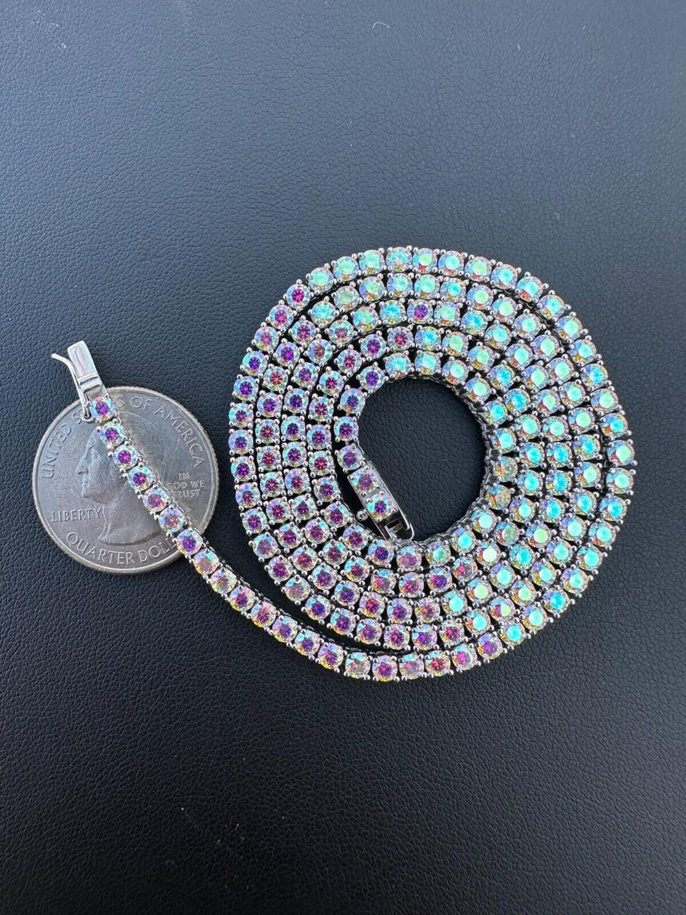 Italiano Silver, Inc. Real Opal Rainbow MOISSANITE 3mm Tennis Chain 925 Silver Iced Necklace Pass Test