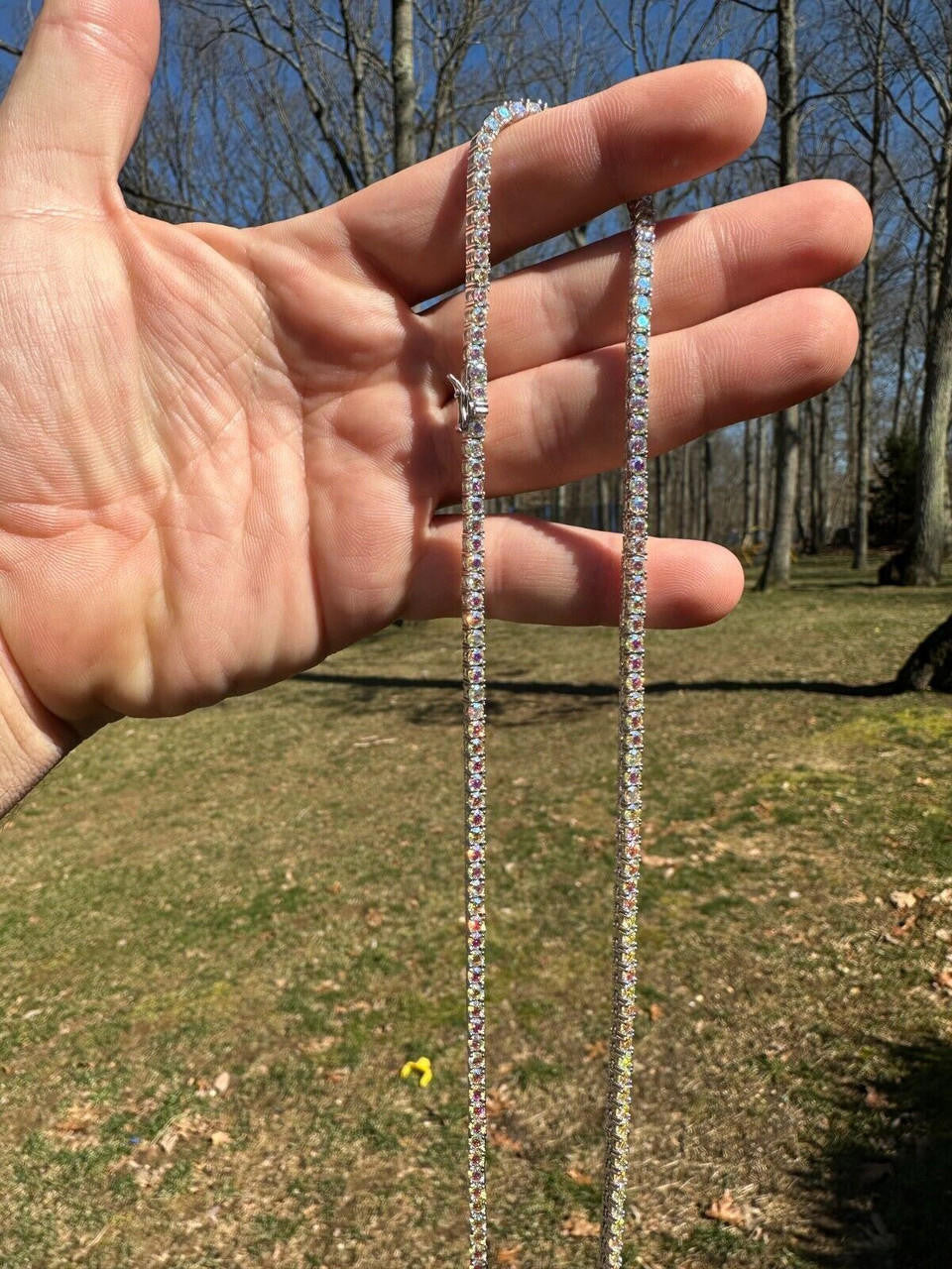 Italiano Silver, Inc. Real Opal Rainbow MOISSANITE 3mm Tennis Chain 925 Silver Iced Necklace Pass Test