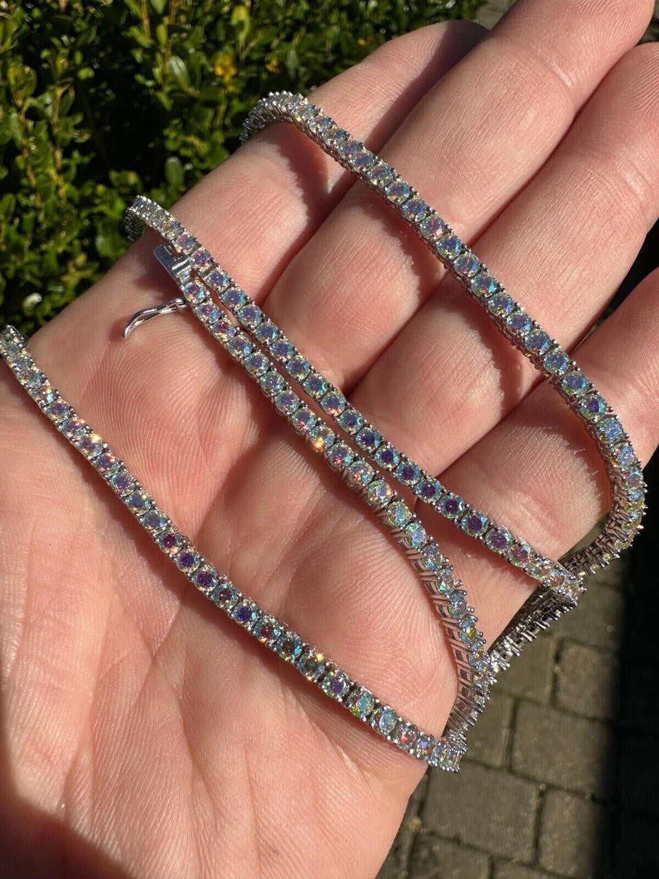 Italiano Silver, Inc. Real Opal Rainbow MOISSANITE 3mm Tennis Chain 925 Silver Iced Necklace Pass Test