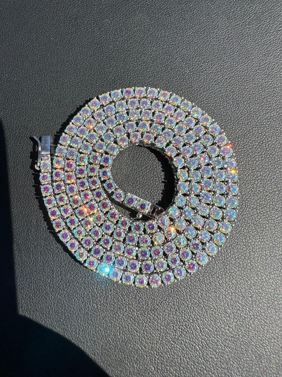 Italiano Silver, Inc. Real Opal Rainbow MOISSANITE 3mm Tennis Chain 925 Silver Iced Necklace Pass Test