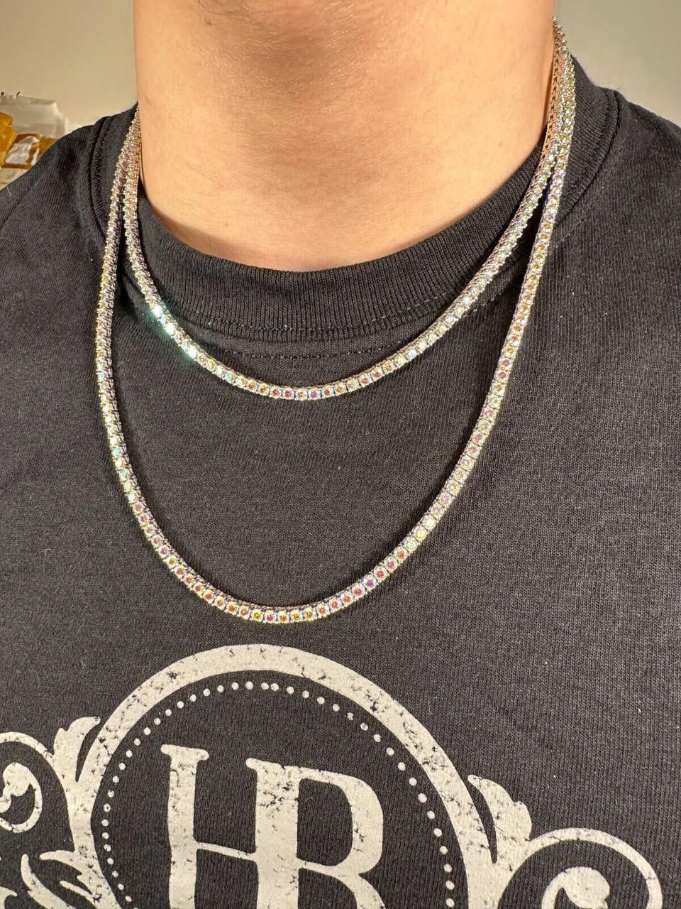 Italiano Silver, Inc. Real Opal Rainbow MOISSANITE 3mm Tennis Chain 925 Silver Iced Necklace Pass Test