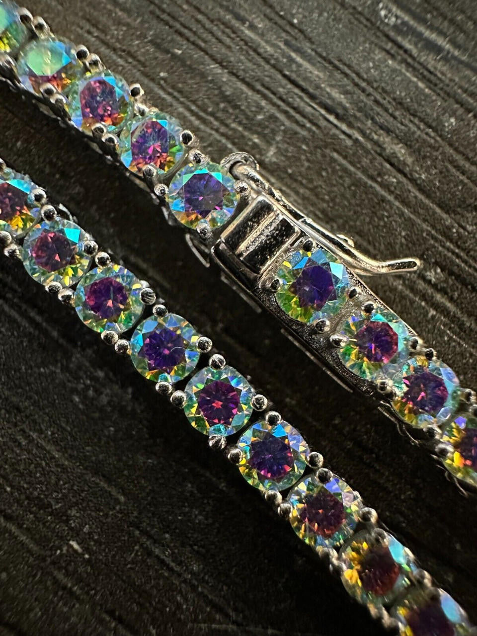 Italiano Silver, Inc. Real Opal Rainbow MOISSANITE 3mm Tennis Chain 925 Silver Iced Necklace Pass Test