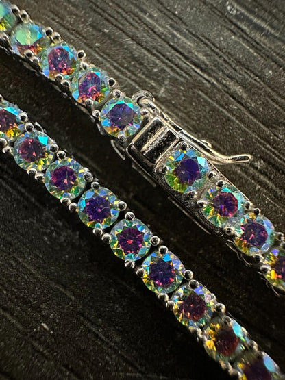 Italiano Silver, Inc. Real Opal Rainbow MOISSANITE 3mm Tennis Chain 925 Silver Iced Necklace Pass Test