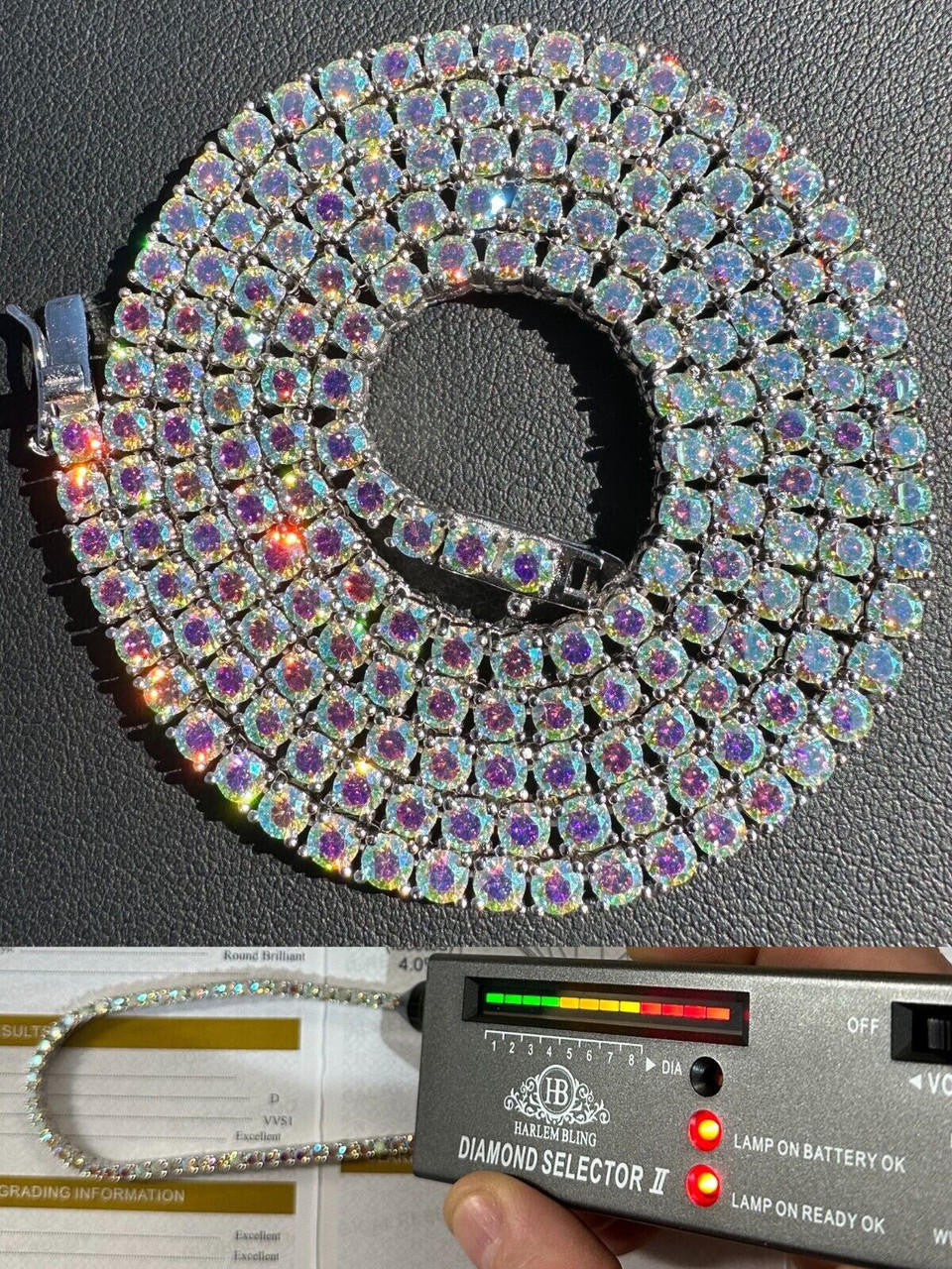 Italiano Silver, Inc. Real Opal Rainbow MOISSANITE 3mm Tennis Chain 925 Silver Iced Necklace Pass Test