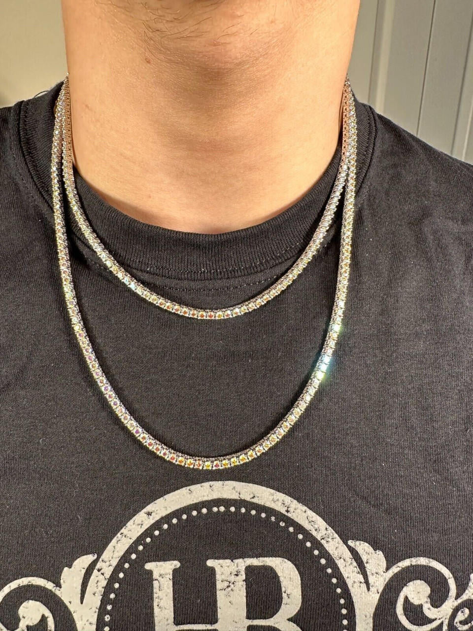 Italiano Silver, Inc. Real Opal Rainbow MOISSANITE 3mm Tennis Chain 925 Silver Iced Necklace Pass Test