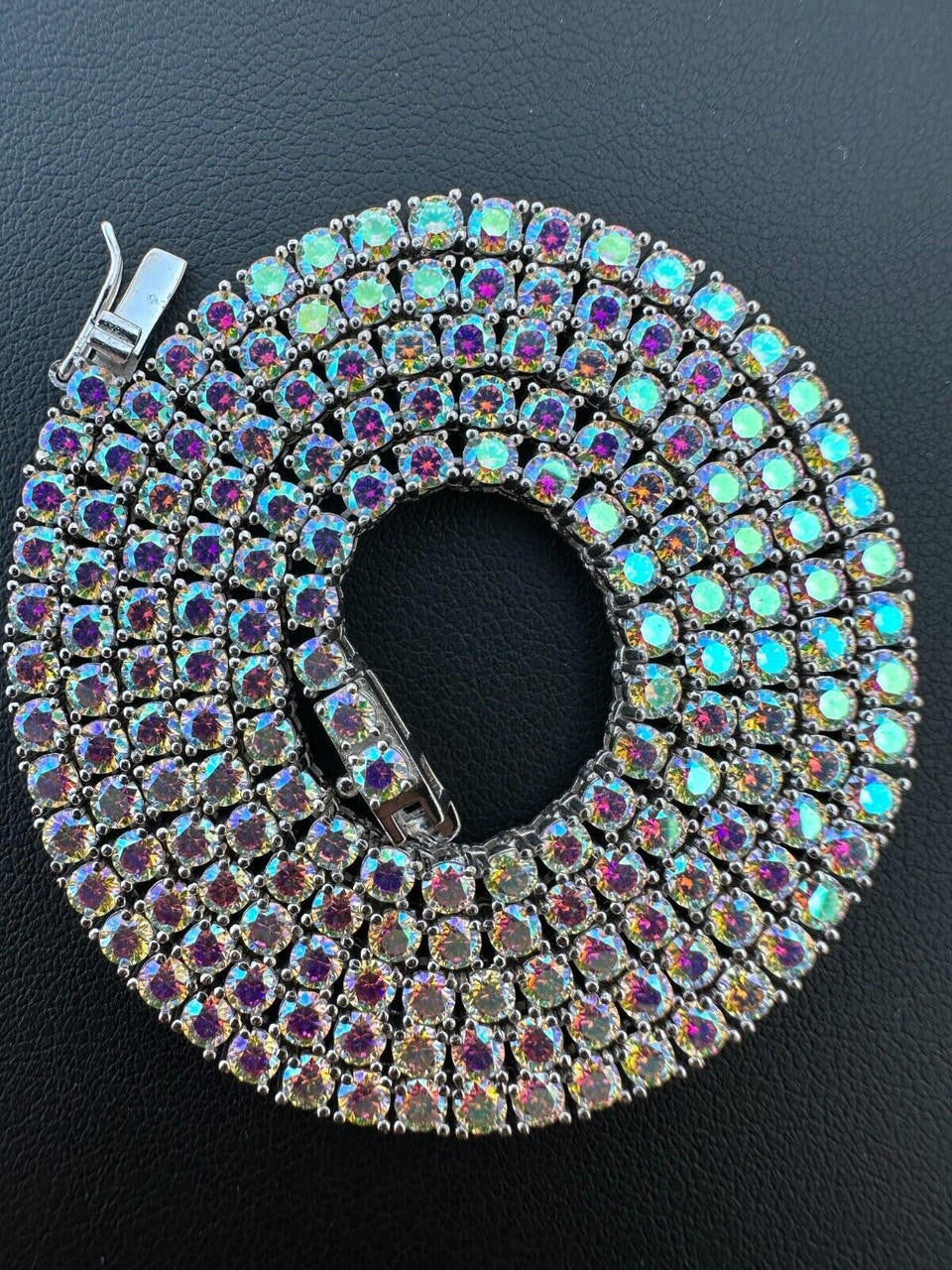 Italiano Silver, Inc. Real Opal Rainbow MOISSANITE 3mm Tennis Chain 925 Silver Iced Necklace Pass Test