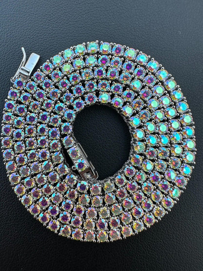Italiano Silver, Inc. Real Opal Rainbow MOISSANITE 3mm Tennis Chain 925 Silver Iced Necklace Pass Test