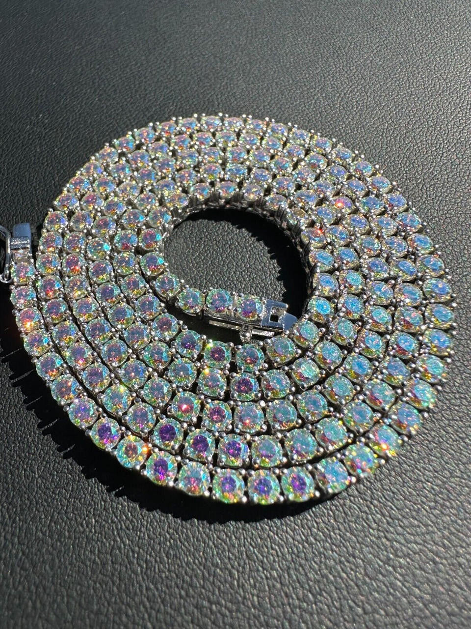Italiano Silver, Inc. Real Opal Rainbow MOISSANITE 3mm Tennis Chain 925 Silver Iced Necklace Pass Test