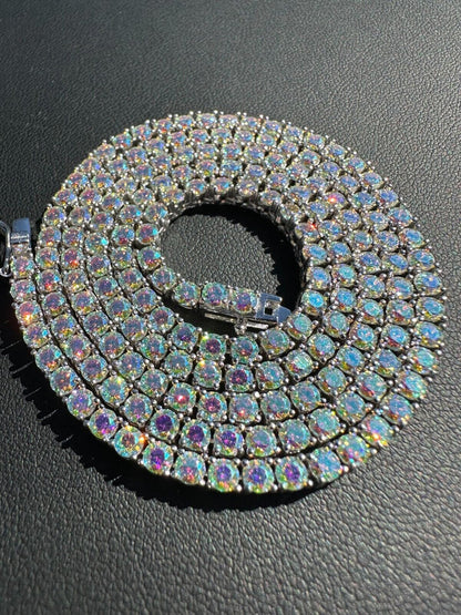 Italiano Silver, Inc. Real Opal Rainbow MOISSANITE 3mm Tennis Chain 925 Silver Iced Necklace Pass Test