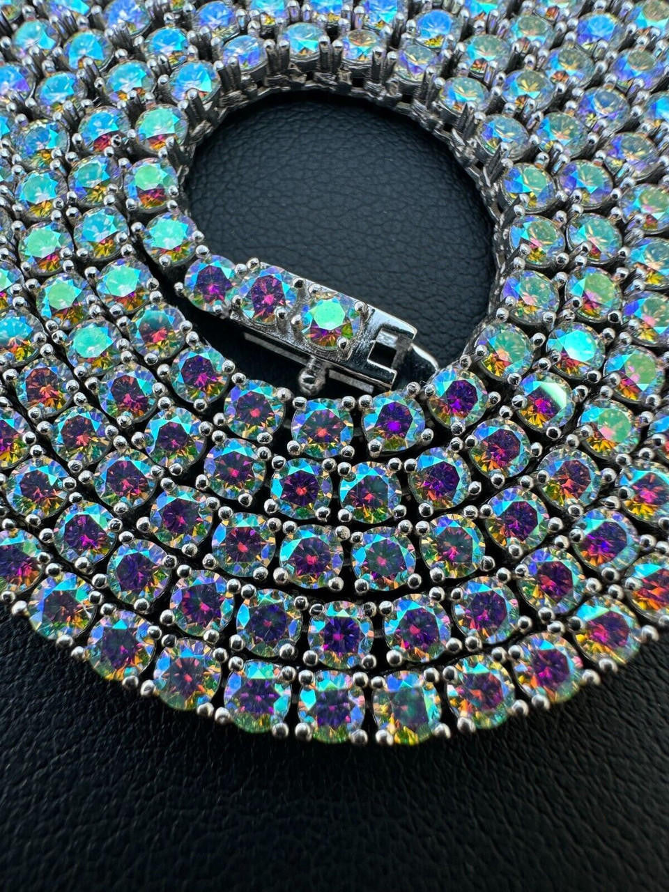 Italiano Silver, Inc. Real Opal Rainbow MOISSANITE 3mm Tennis Chain 925 Silver Iced Necklace Pass Test