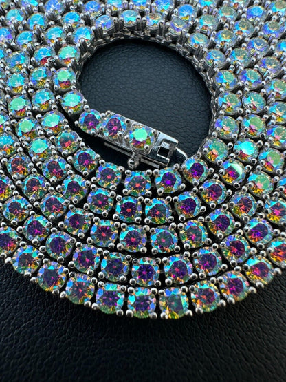 Italiano Silver, Inc. Real Opal Rainbow MOISSANITE 3mm Tennis Chain 925 Silver Iced Necklace Pass Test