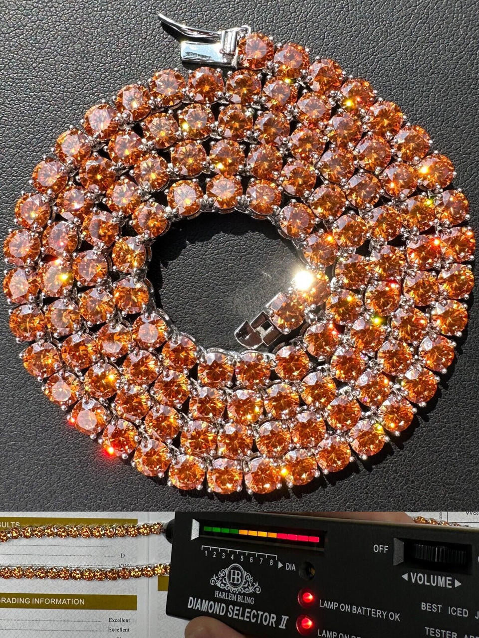 Italiano Silver, Inc. Real Orange MOISSANITE 5mm Tennis Chain 925 Silver Iced Necklace Pass Tester