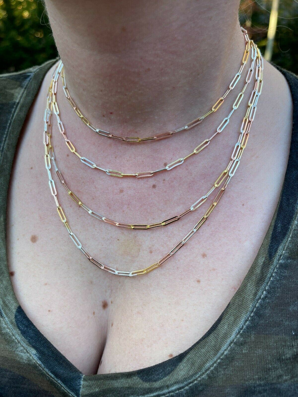 Italiano Silver, Inc Real Paperclip Chain Necklace Tri Color Yellow Rose Gold and 925 Silver 14-24