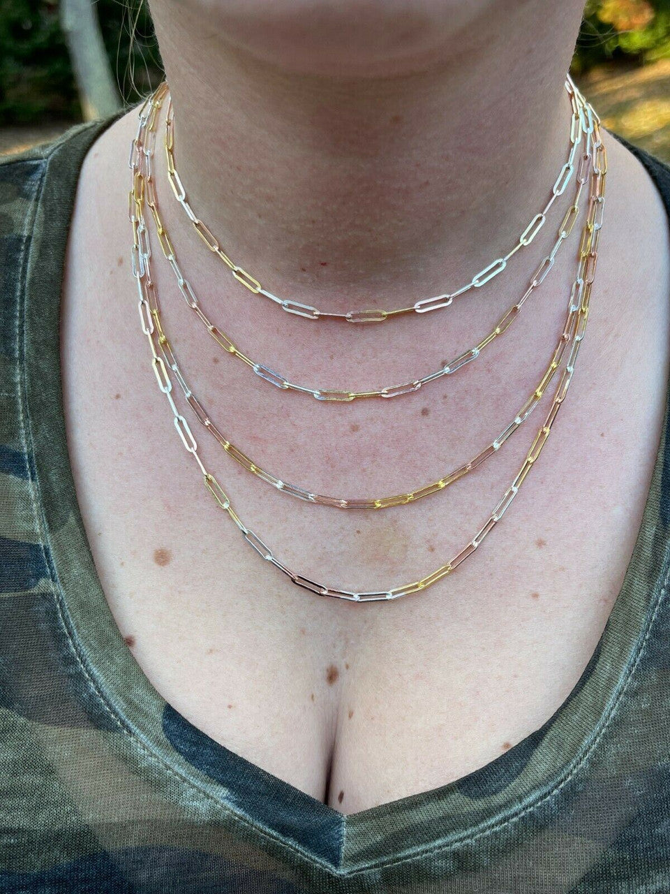 Italiano Silver, Inc Real Paperclip Chain Necklace Tri Color Yellow Rose Gold and 925 Silver 14-24