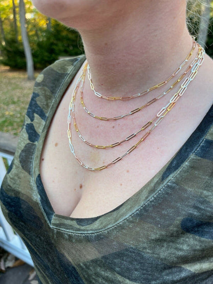 Italiano Silver, Inc Real Paperclip Chain Necklace Tri Color Yellow Rose Gold and 925 Silver 14-24