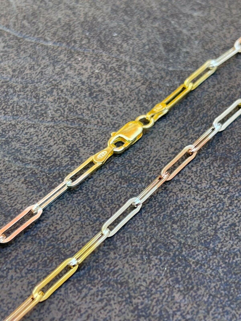 Italiano Silver, Inc Real Paperclip Chain Necklace Tri Color Yellow Rose Gold and 925 Silver 14-24