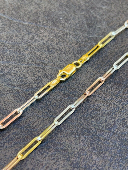 Italiano Silver, Inc Real Paperclip Chain Necklace Tri Color Yellow Rose Gold and 925 Silver 14-24
