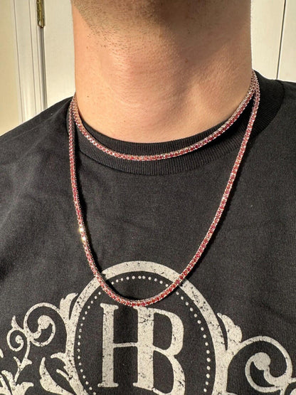 Italiano Silver, Inc. Real Pink MOISSANITE 3mm Tennis Chain 925 Silver Iced Necklace Pass Diamond Test