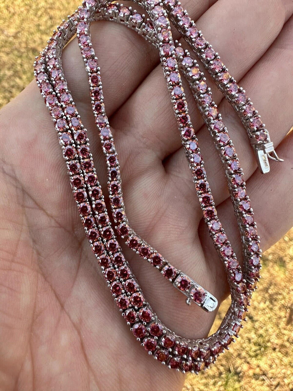 Italiano Silver, Inc. Real Pink MOISSANITE 3mm Tennis Chain 925 Silver Iced Necklace Pass Diamond Test