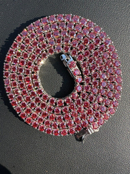 Italiano Silver, Inc. Real Pink MOISSANITE 3mm Tennis Chain 925 Silver Iced Necklace Pass Diamond Test