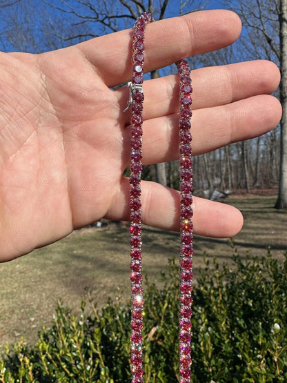 Italiano Silver, Inc. Real Pink MOISSANITE 5mm Tennis Chain 925 Silver Iced Necklace Pass Diamond Test