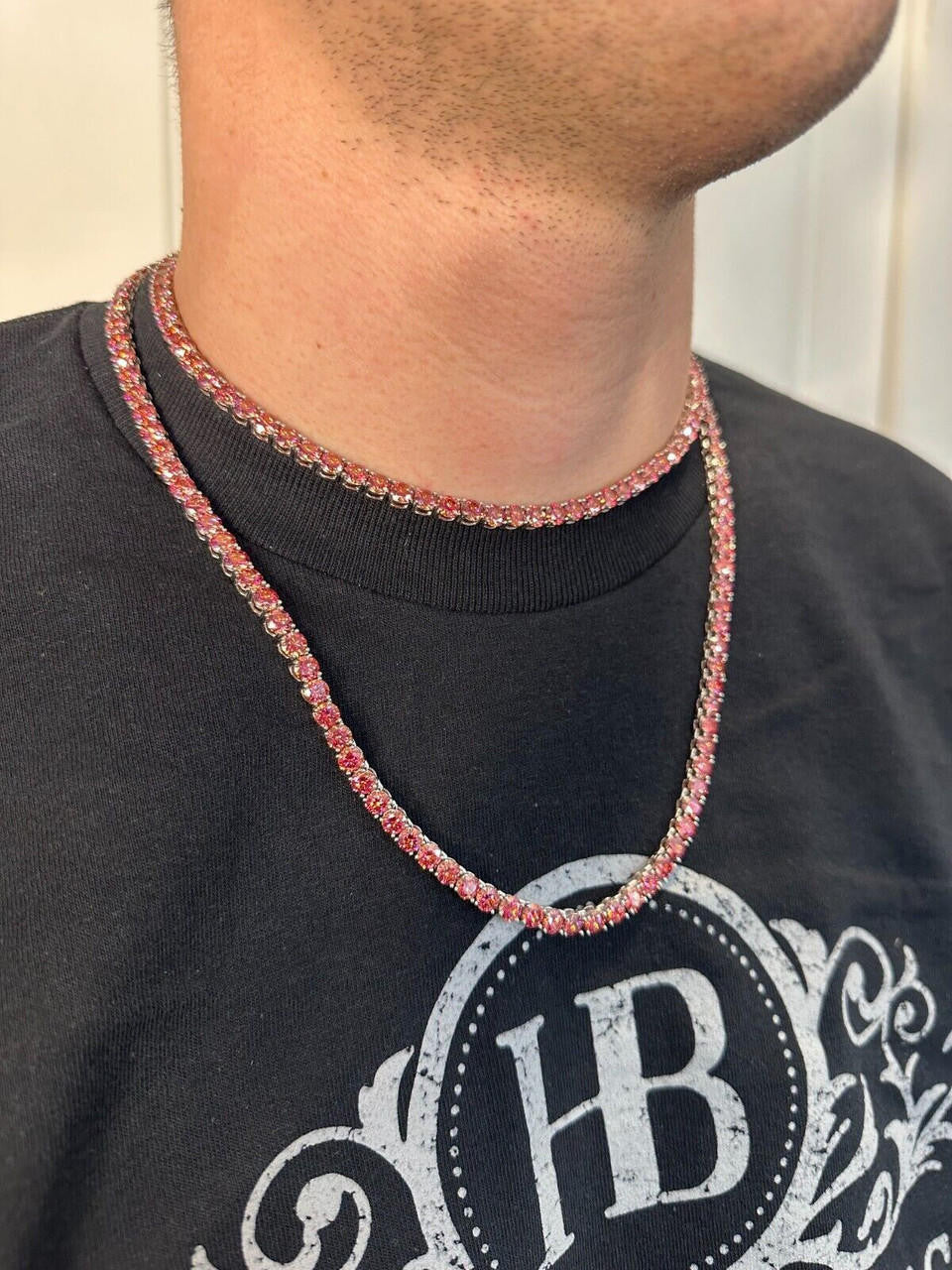 Italiano Silver, Inc. Real Pink MOISSANITE 5mm Tennis Chain 925 Silver Iced Necklace Pass Diamond Test