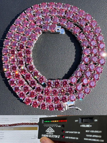 Italiano Silver, Inc. Real Pink MOISSANITE 5mm Tennis Chain 925 Silver Iced Necklace Pass Diamond Test