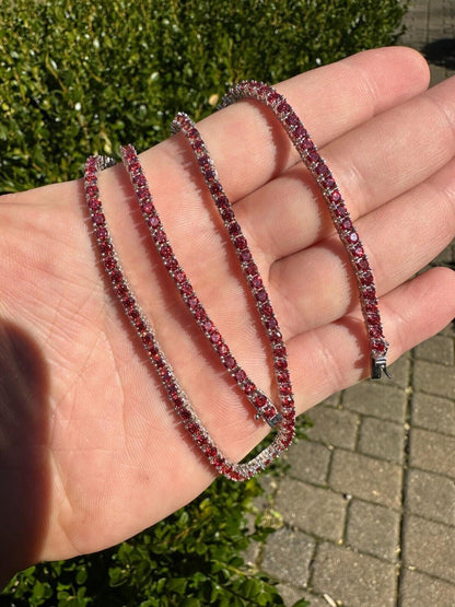 Italiano Silver, Inc. Real Ruby Red MOISSANITE 3mm Tennis Chain 925 Silver Iced Necklace Pass Test