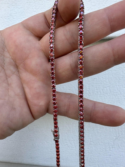 Italiano Silver, Inc. Real Ruby Red MOISSANITE 3mm Tennis Chain 925 Silver Iced Necklace Pass Test