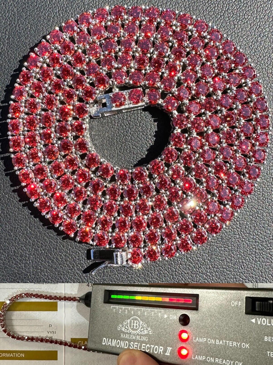 Italiano Silver, Inc. Real Ruby Red MOISSANITE 3mm Tennis Chain 925 Silver Iced Necklace Pass Test