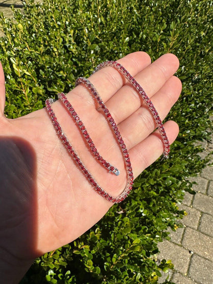 Italiano Silver, Inc. Real Ruby Red MOISSANITE 3mm Tennis Chain 925 Silver Iced Necklace Pass Test