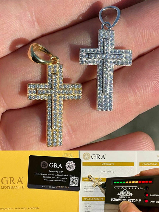 Italiano Silver, Inc Real Solid 10k Gold Cross Pendant Necklace Iced MOISSANITE Passes Diamond Tester