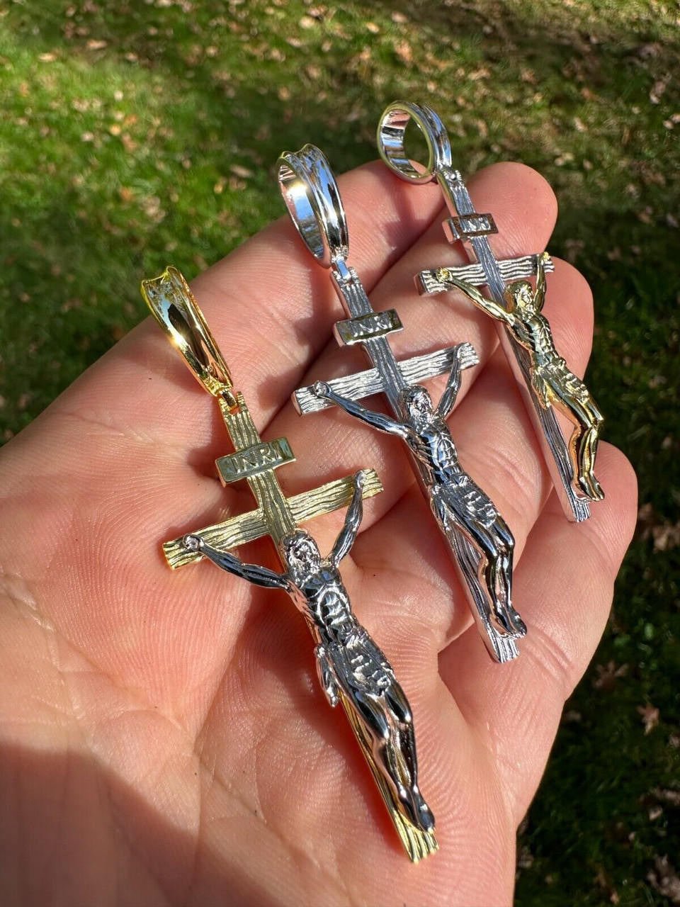 Italiano Silver, Inc. Real Solid 925 Silver / Gold Mens Cross Jesus Piece Crucifix Pendant Necklace