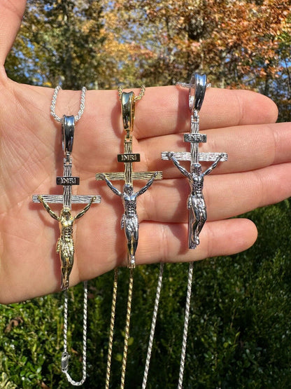 Italiano Silver, Inc. Real Solid 925 Silver / Gold Mens Cross Jesus Piece Crucifix Pendant Necklace