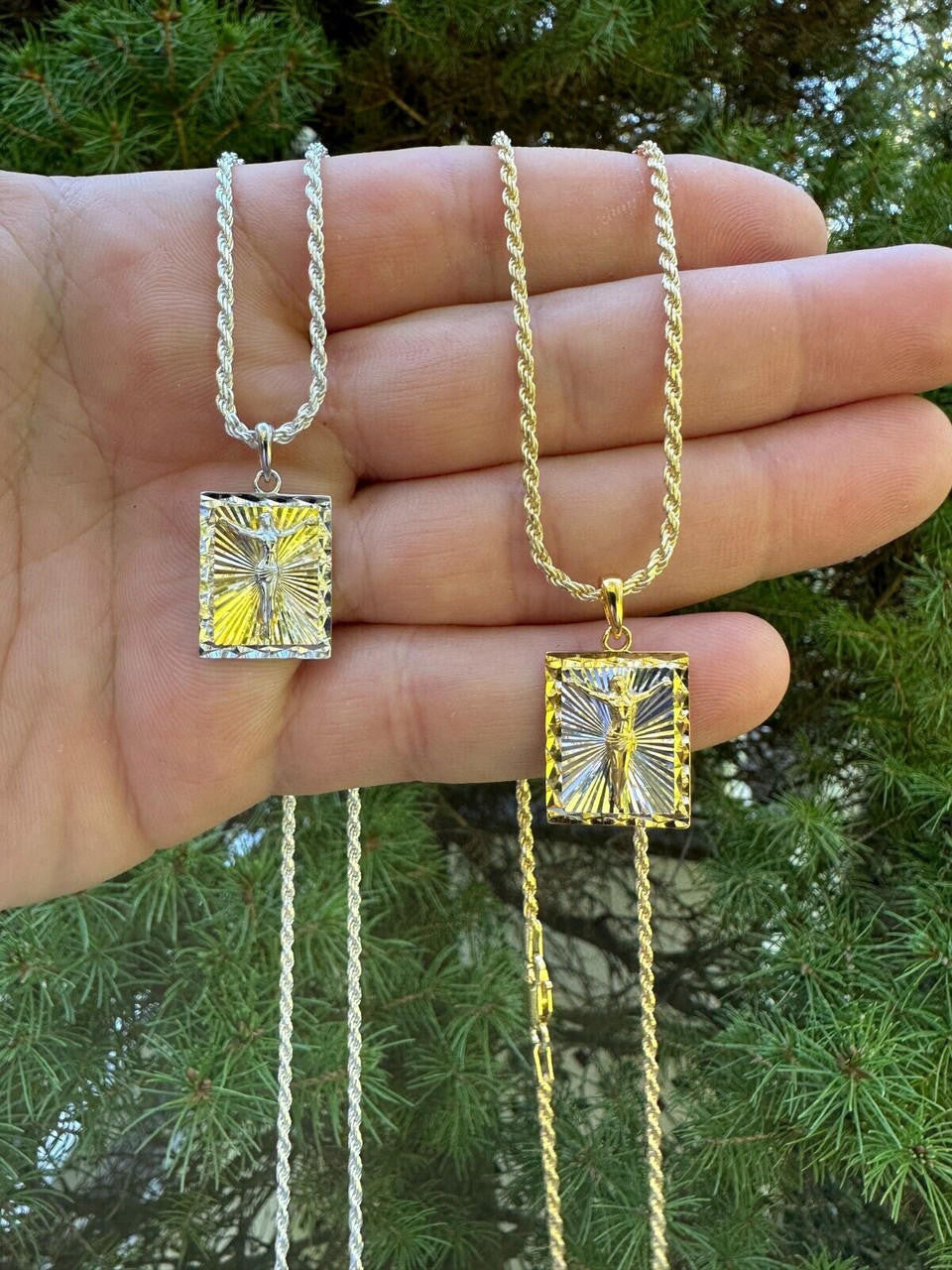 Italiano Silver, Inc. Real Solid 925 Silver / Plain Gold Plated Cross Jesus Medallion Pendant Necklace