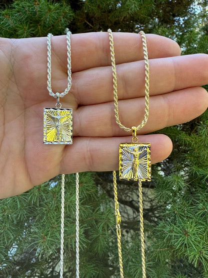 Italiano Silver, Inc. Real Solid 925 Silver / Plain Gold Plated Cross Jesus Medallion Pendant Necklace