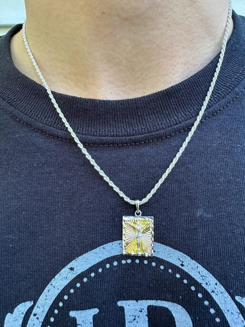 Italiano Silver, Inc. Real Solid 925 Silver / Plain Gold Plated Cross Jesus Medallion Pendant Necklace