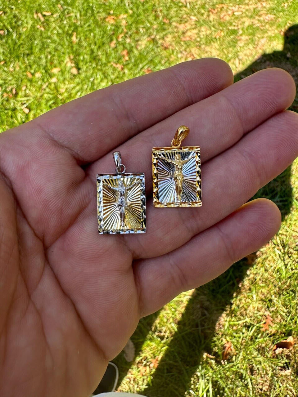 Italiano Silver, Inc. Real Solid 925 Silver / Plain Gold Plated Cross Jesus Medallion Pendant Necklace