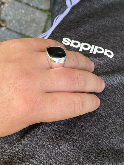 Italiano Silver, Inc Real Solid 925 Sterling Silver Black Onyx Natural Stone Mens Signet Plain Ring